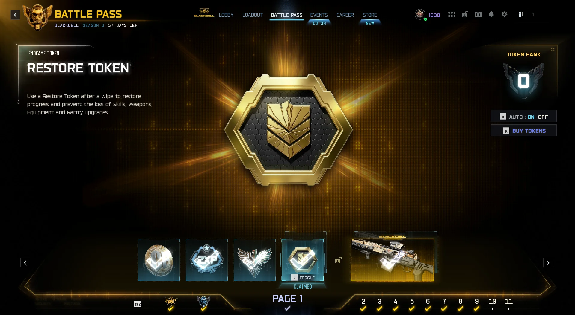 Restore Token as a reward item on a Battle Pass page
