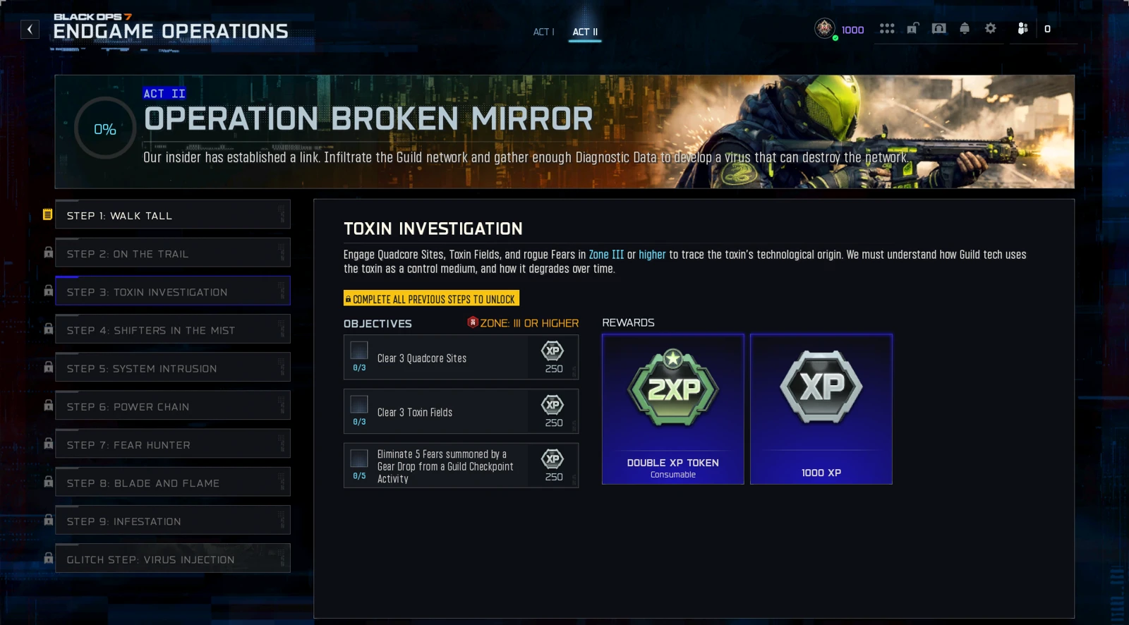 Operation Broken Mirror steps overview screen showing all 10 steps