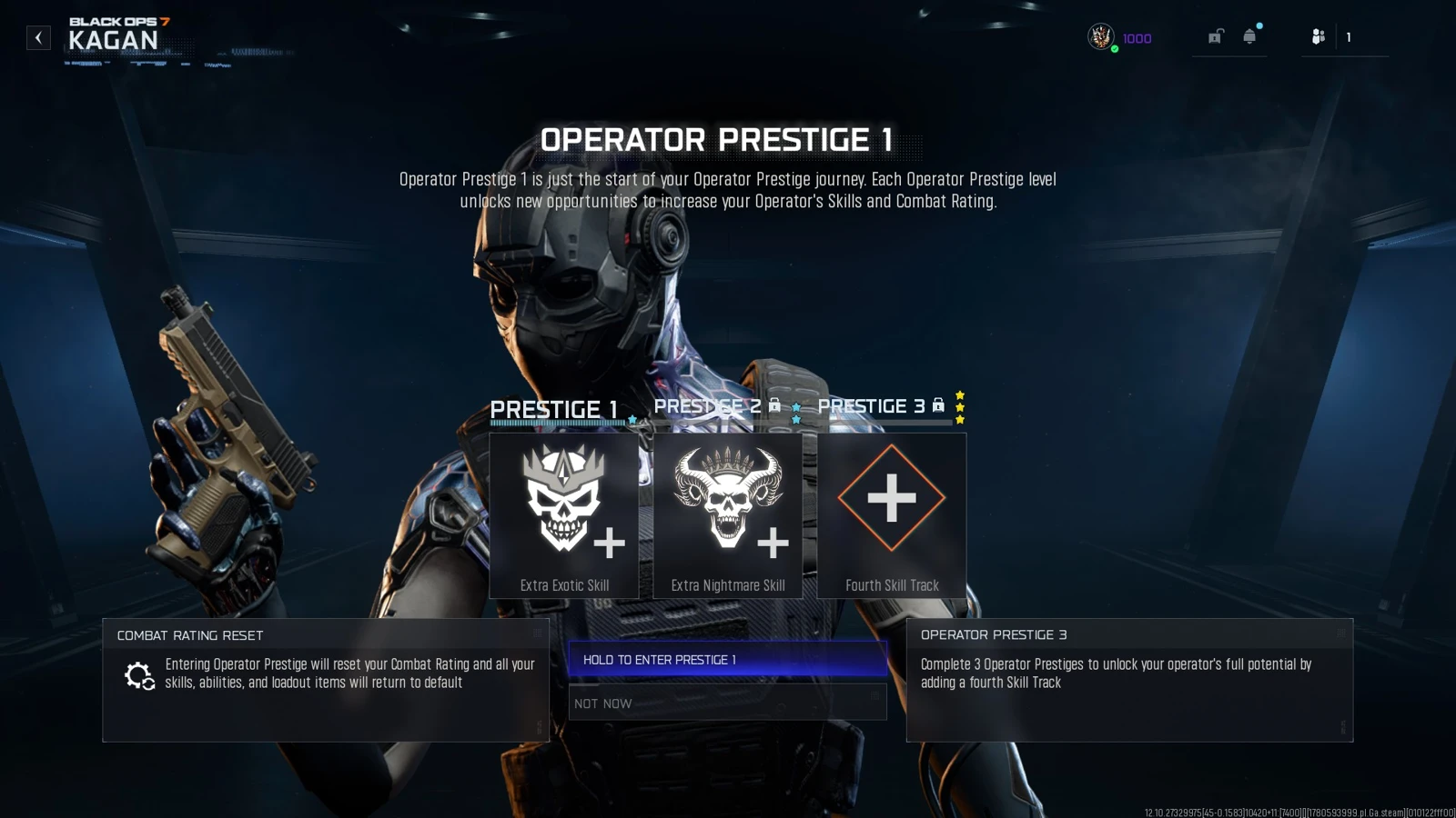 Operator Prestige 1 confirmation screen showing all three prestige rewards and the Combat Rating Reset warning