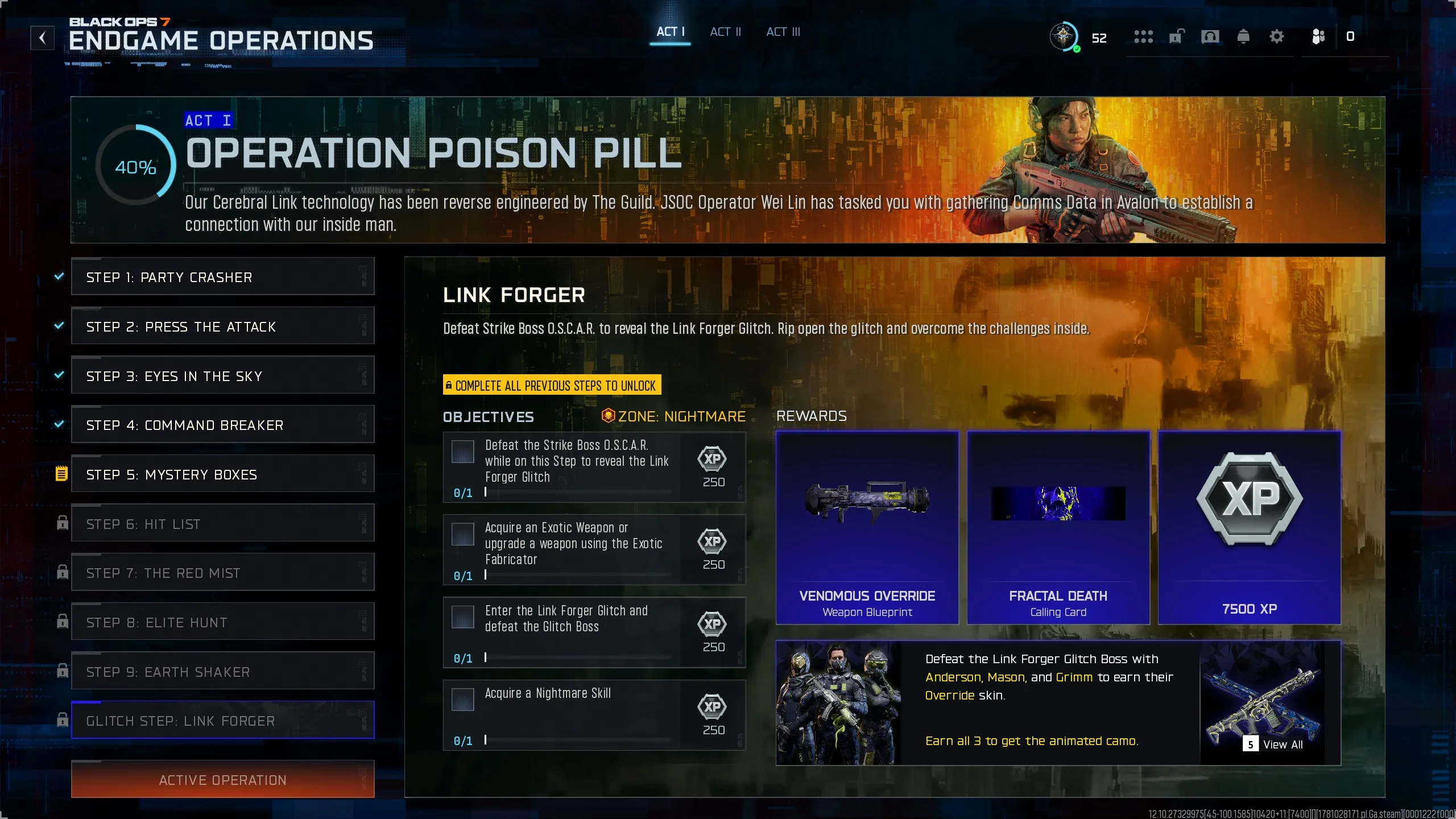 Glitch Step: Link Forger objectives and rewards screen