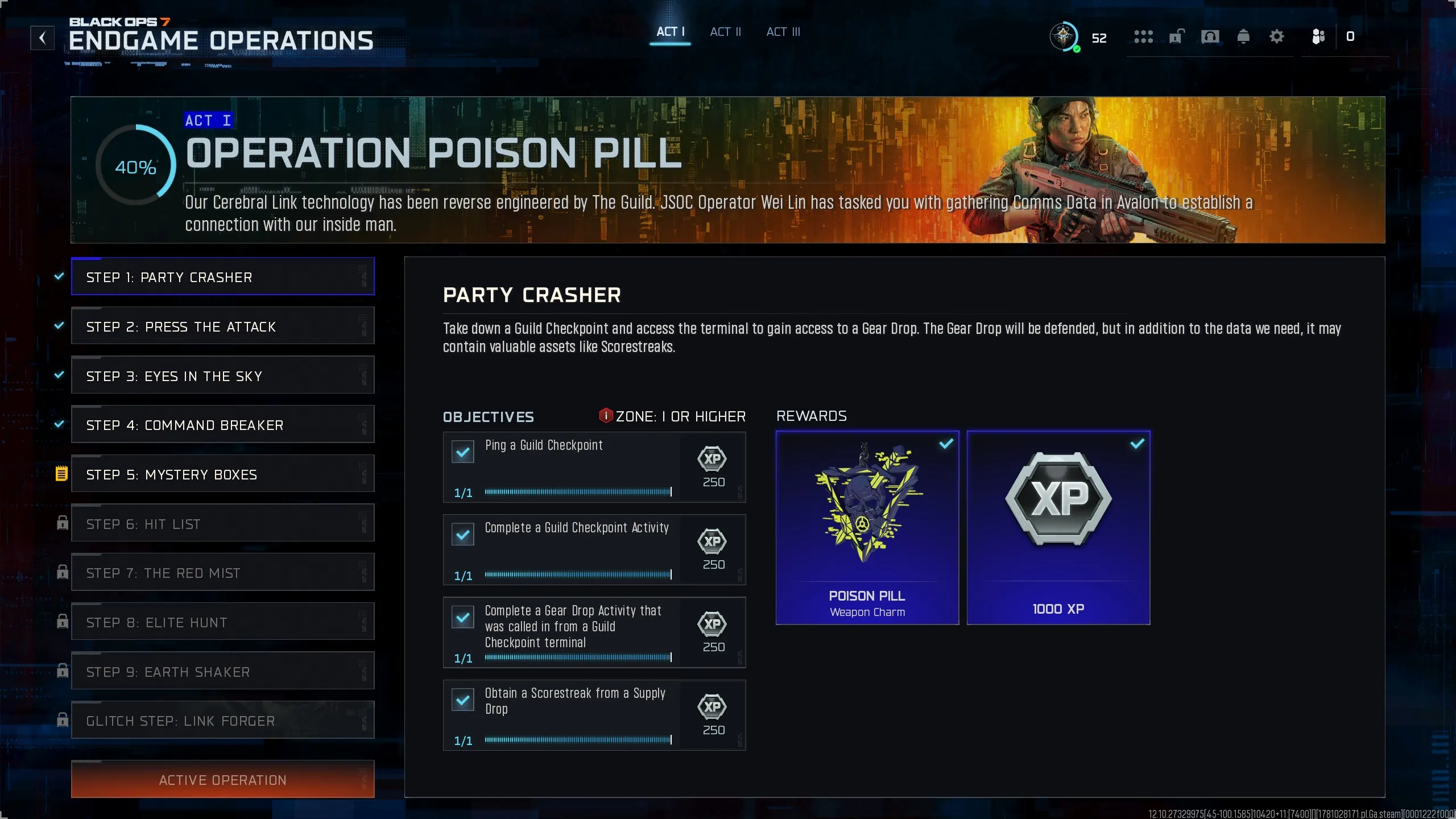 Step 1: Party Crasher objectives and rewards screen