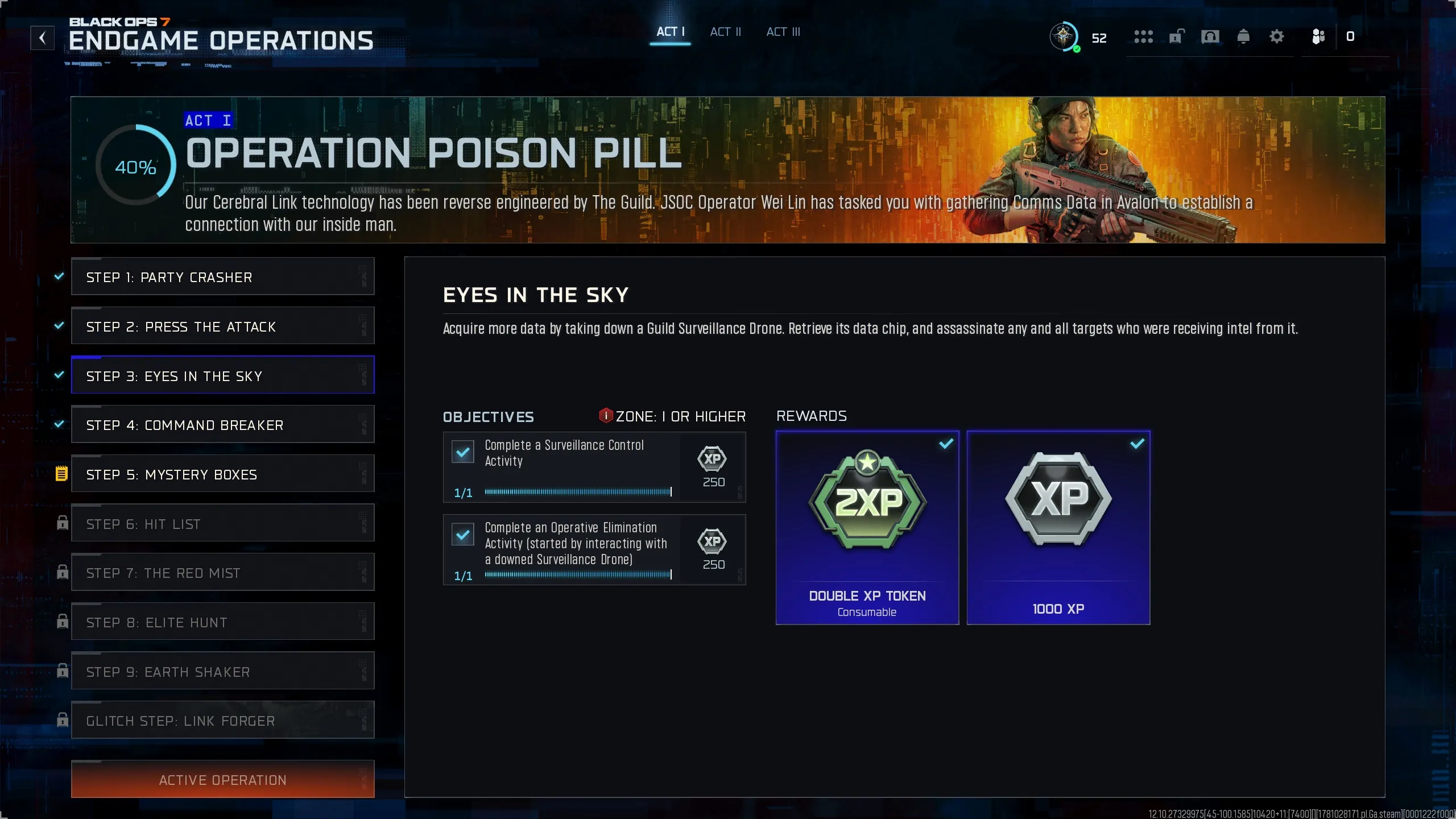 Step 3: Eyes in the Sky objectives and rewards screen