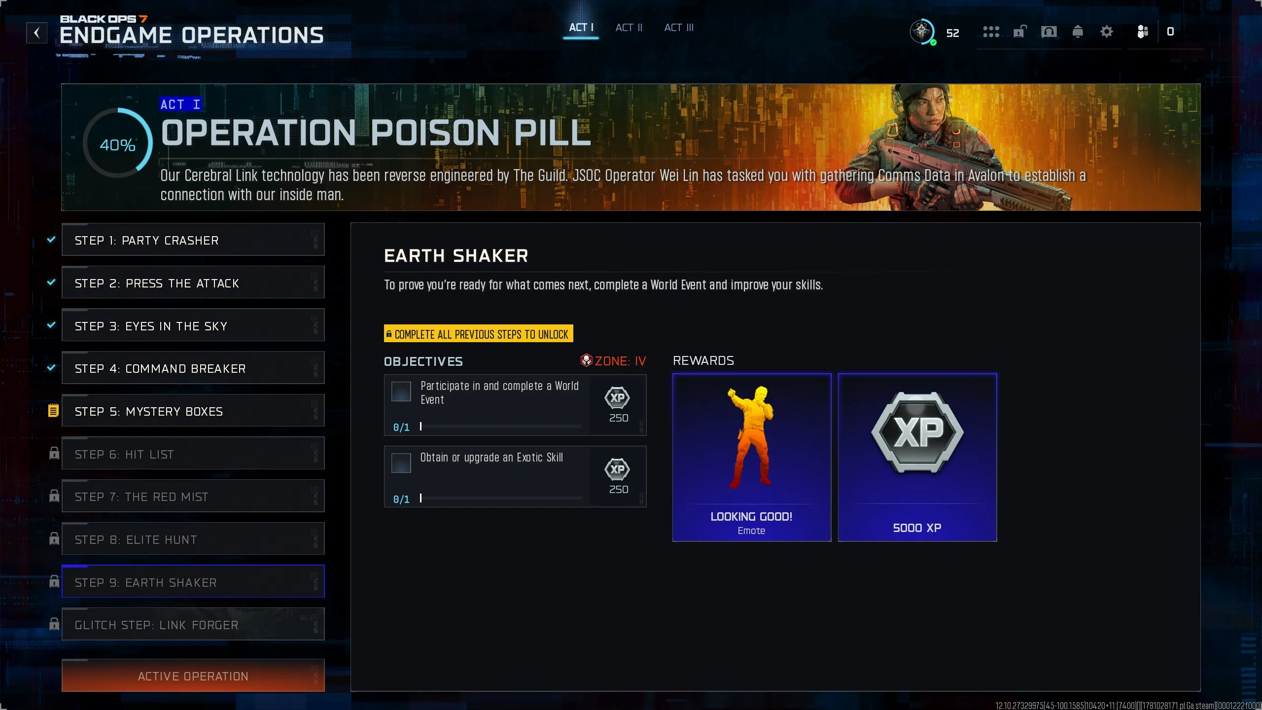 Step 9: Earth Shaker objectives and rewards screen