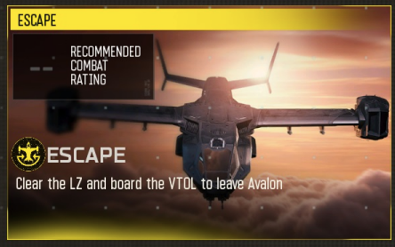 Escape mission card: Clear the LZ and board the VTOL to leave Avalon