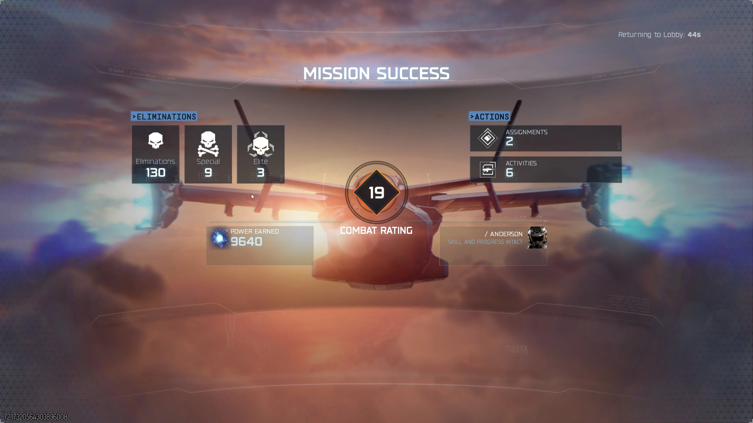 Mission success screen showing 130 eliminations at Combat Rating 19