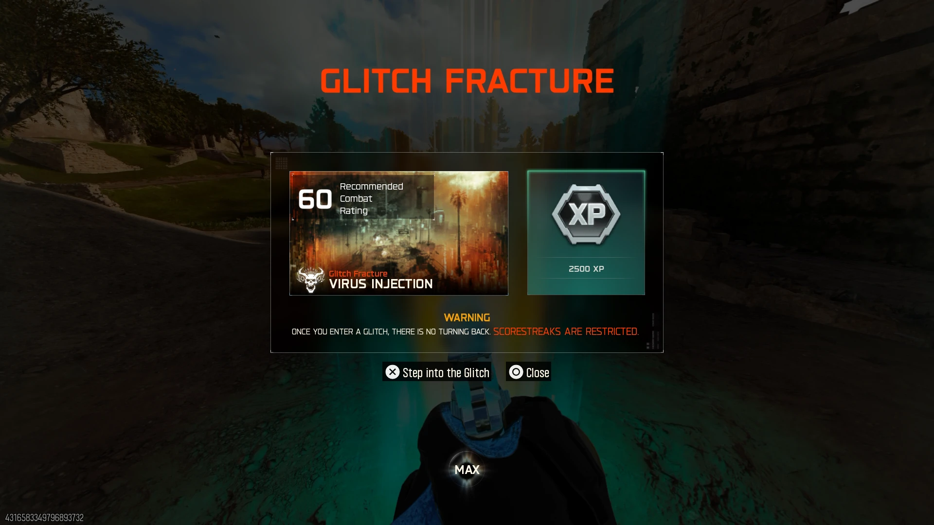 Virus Injection Glitch Fracture entry screen showing CR 60 recommendation