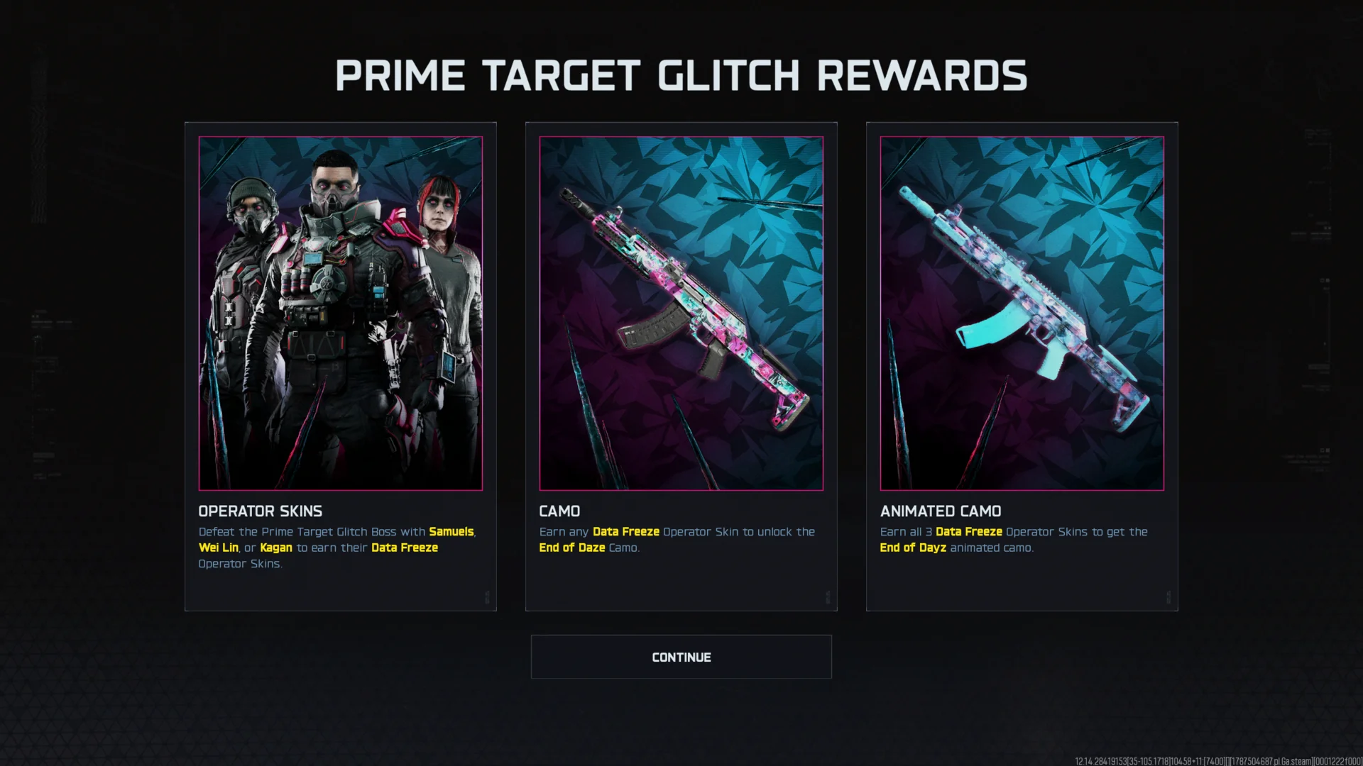 Prime Target Glitch rewards screen: Data Freeze operator skins for Samuels, Wei Lin, and Kagan, unlocking the End of Daze camo and the End of Dayz animated camo