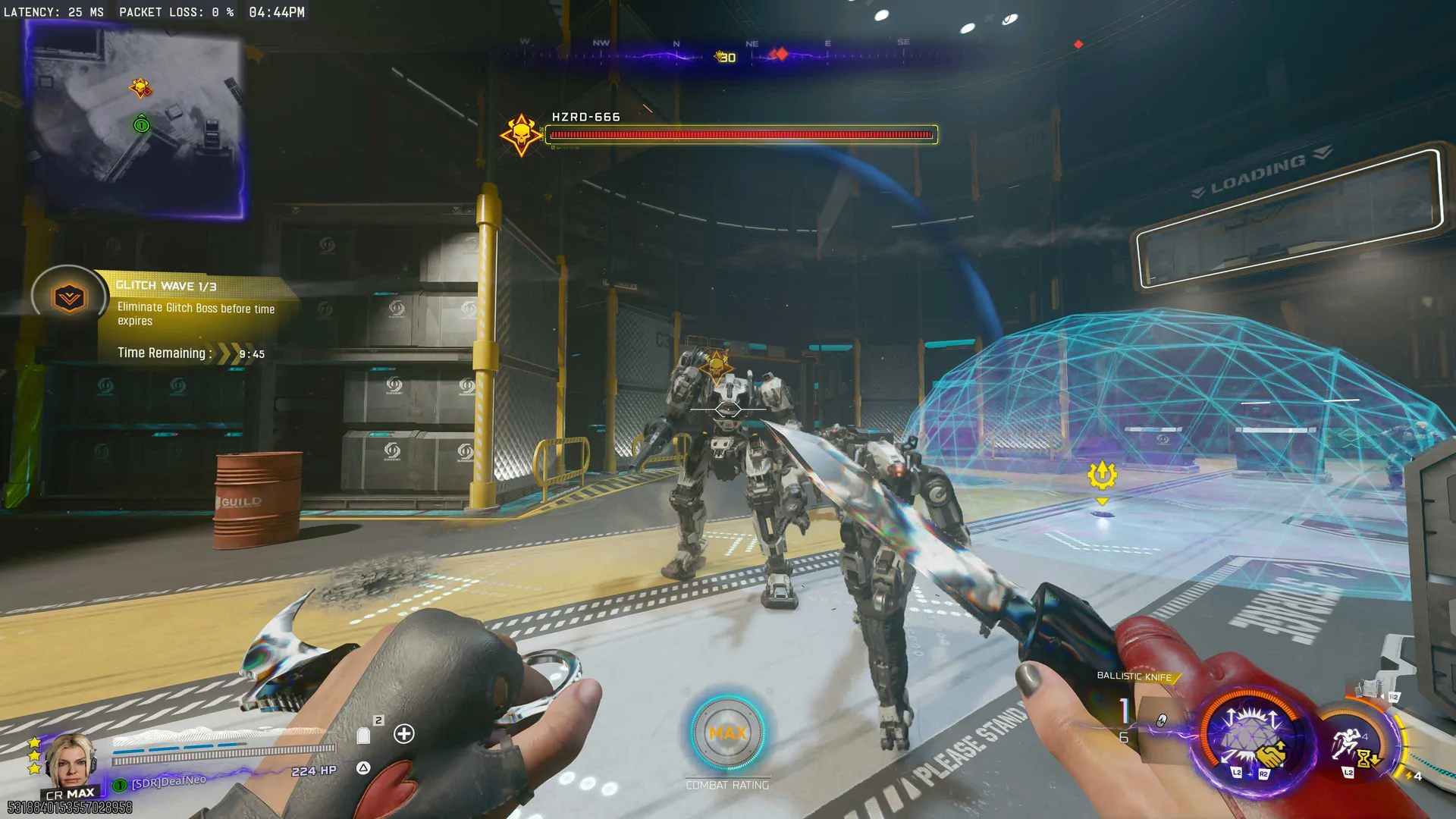 Glitch Wave 1 of 3 against the Prime Target boss HZRD-666, eliminate the Glitch Boss before time expires