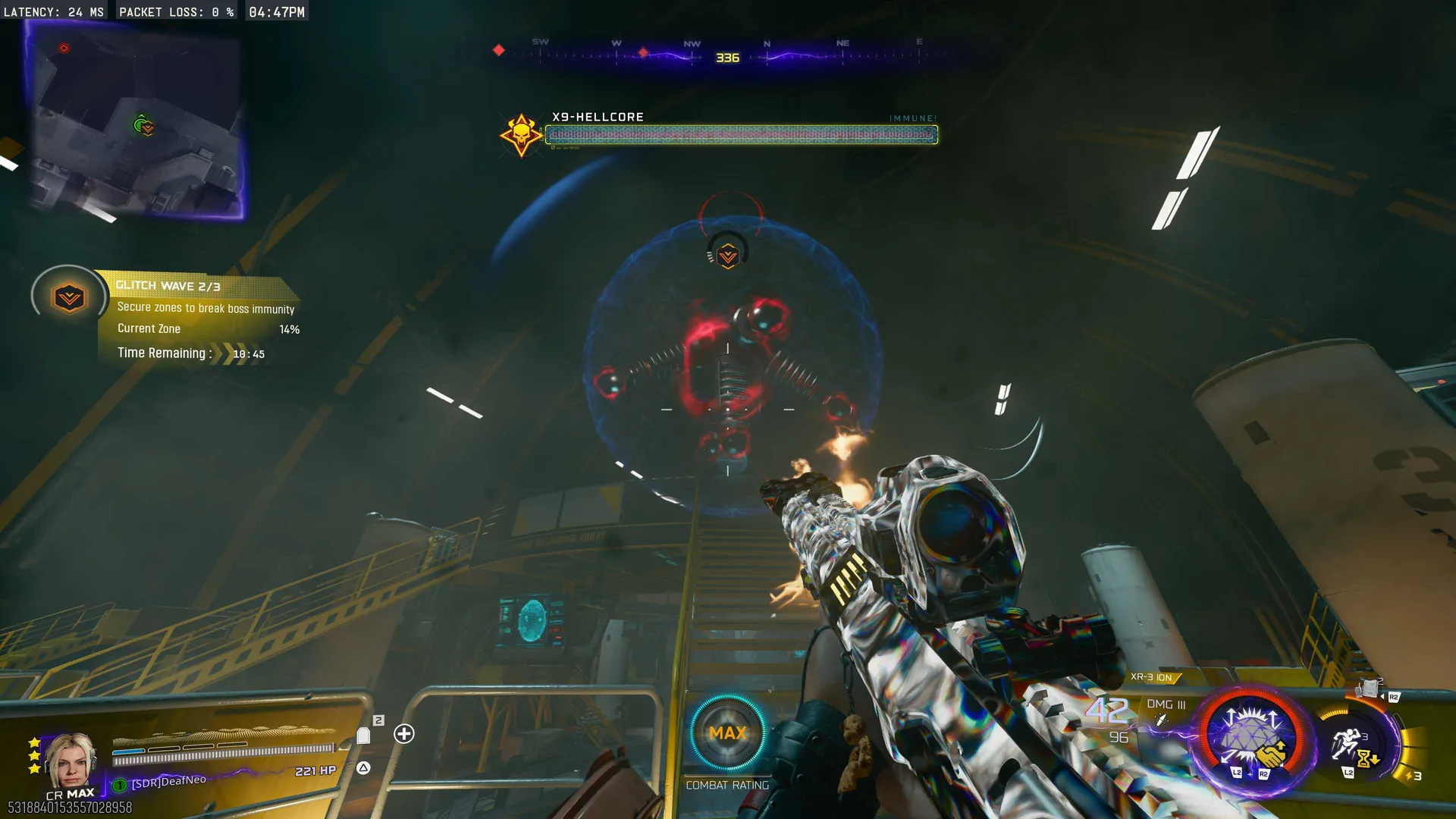 Glitch Wave 2 of 3, the Prime Target boss X9-HELLCORE shows IMMUNE while the objective is to secure zones to break boss immunity