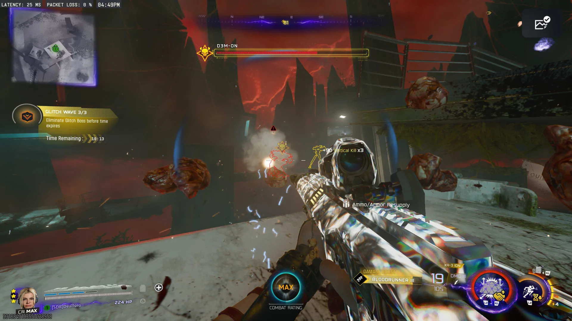 Landing a critical kill on the D3M-ON Prime Target boss during the final Glitch Wave