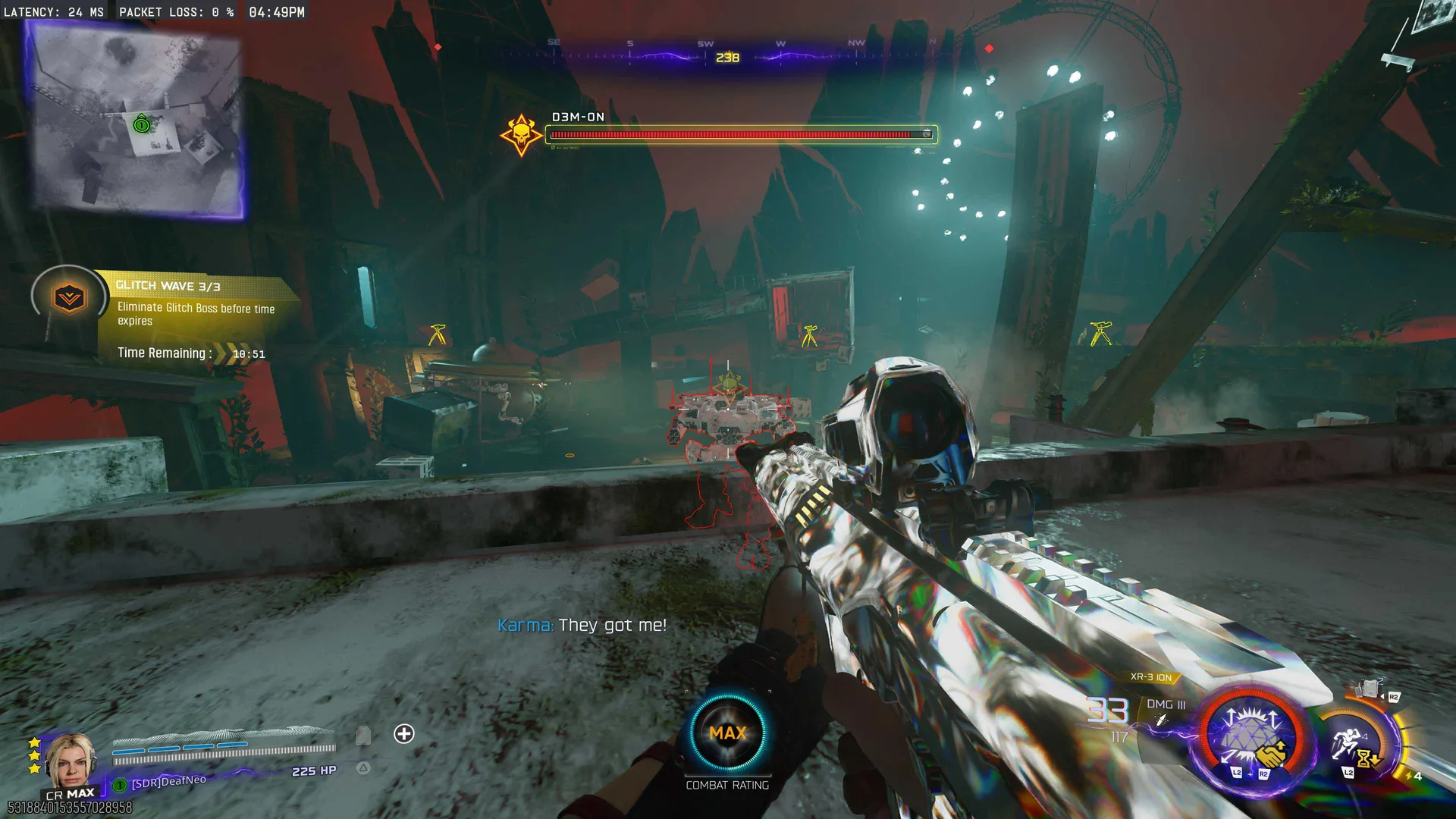 Glitch Wave 3 of 3 against the Prime Target boss D3M-ON in the red glitch hellscape