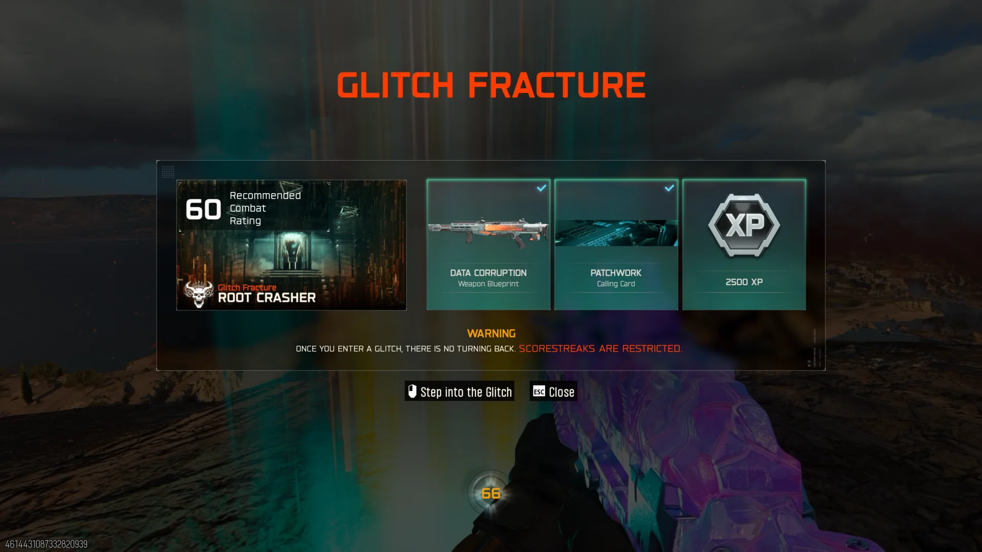 Root Crasher Glitch Fracture entry card at recommended Combat Rating 60, rewarding the Data Corruption weapon blueprint and Patchwork calling card, with a warning that scorestreaks are restricted