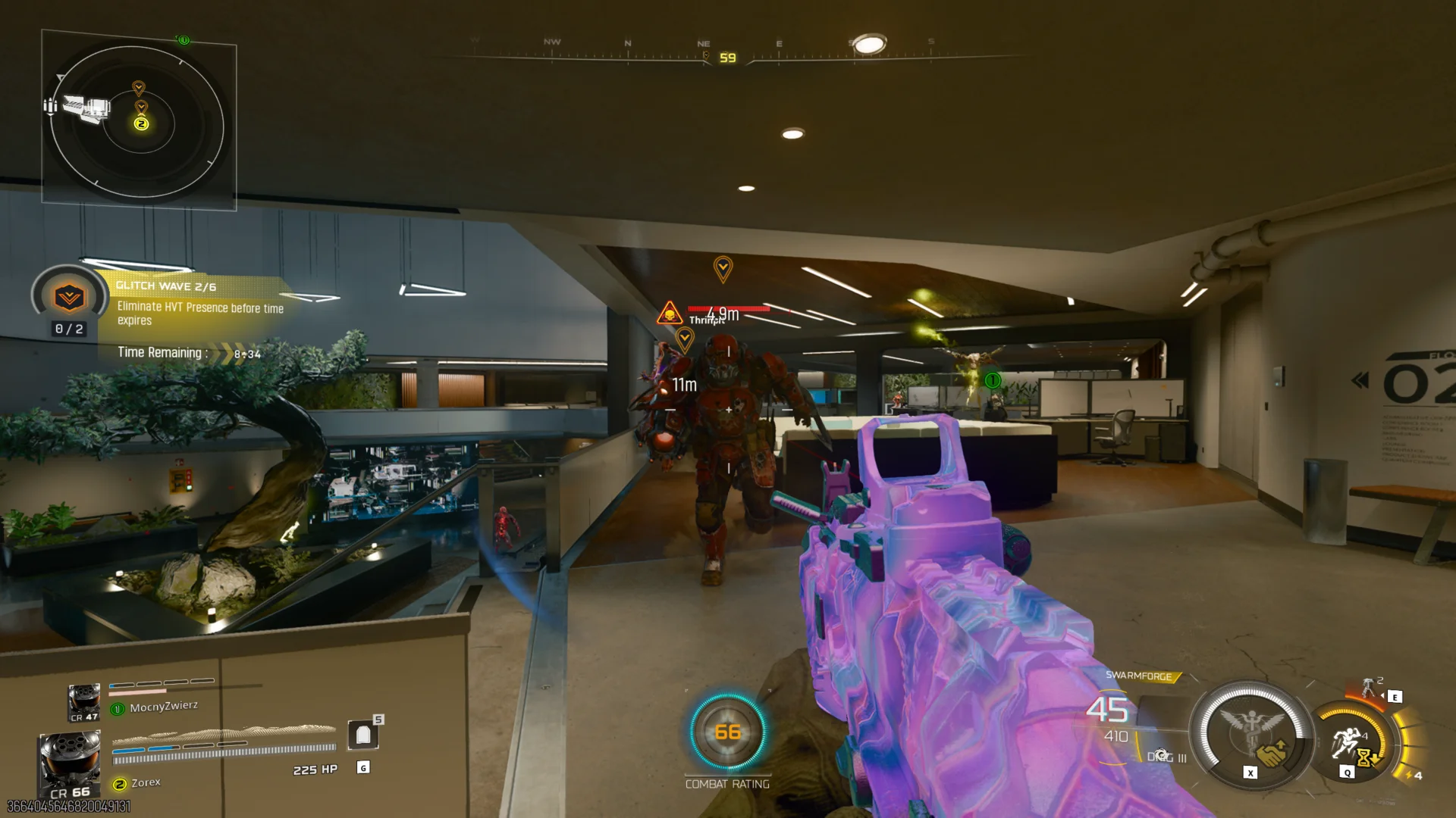 Root Crasher Glitch Wave 2 of 6, eliminate the HVT presence, a heavily armored named HVT charging through the facility atrium