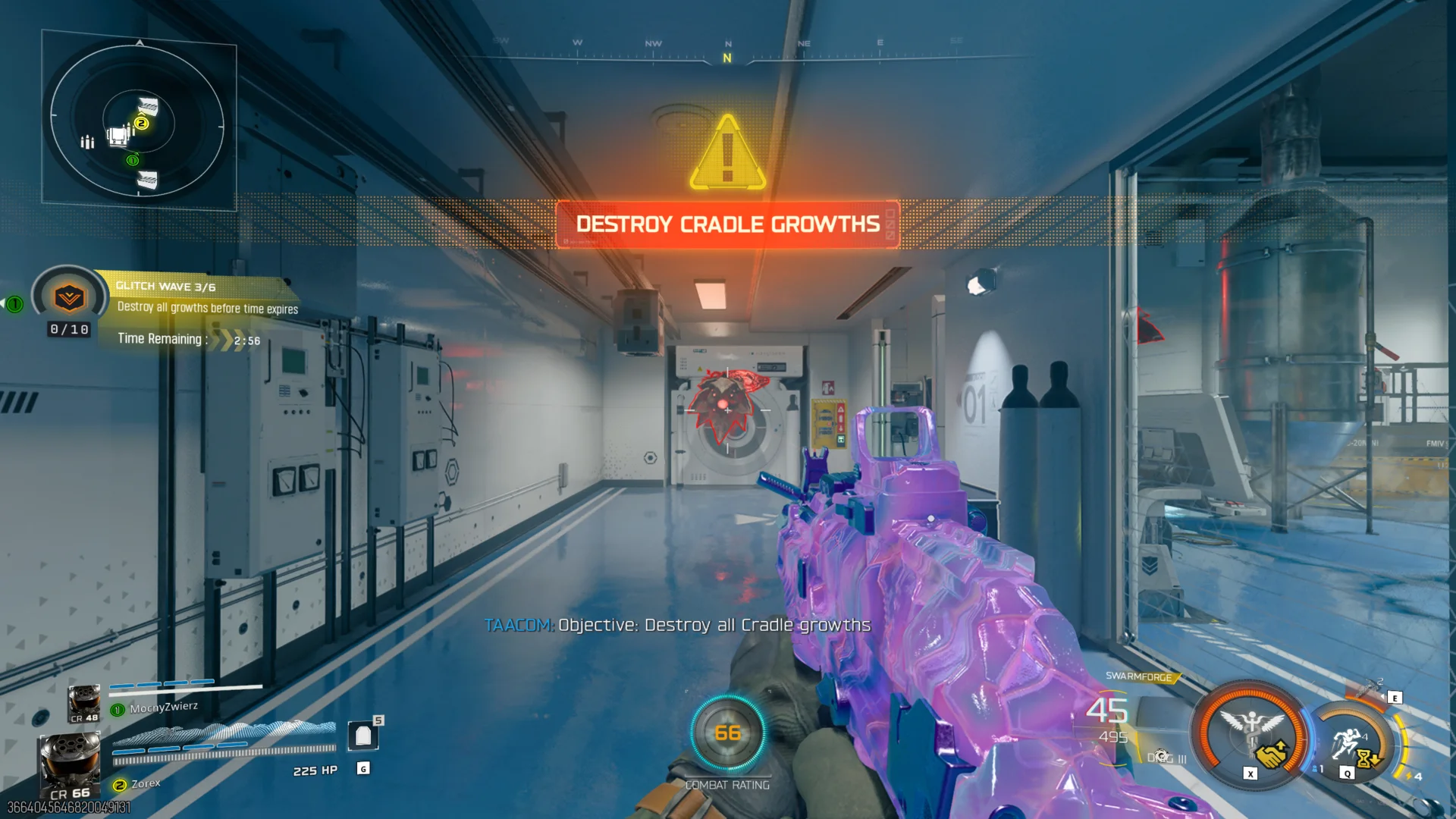 Root Crasher Glitch Wave 3 of 6, destroy all Cradle Growths before time expires, a glowing red growth node targeted inside a lab corridor