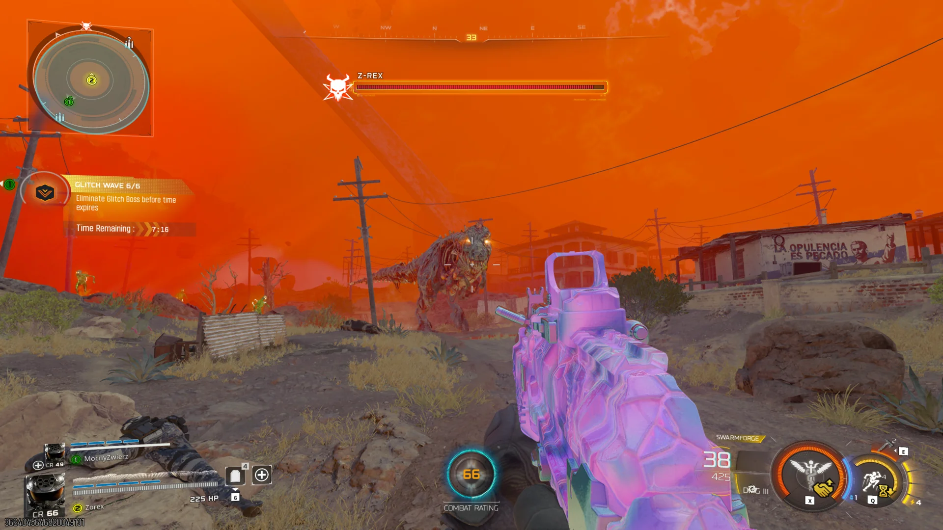Root Crasher Glitch Wave 6 of 6, the Z-Rex boss with its health bar, a corrupted zombie T-Rex in the glitched desert town