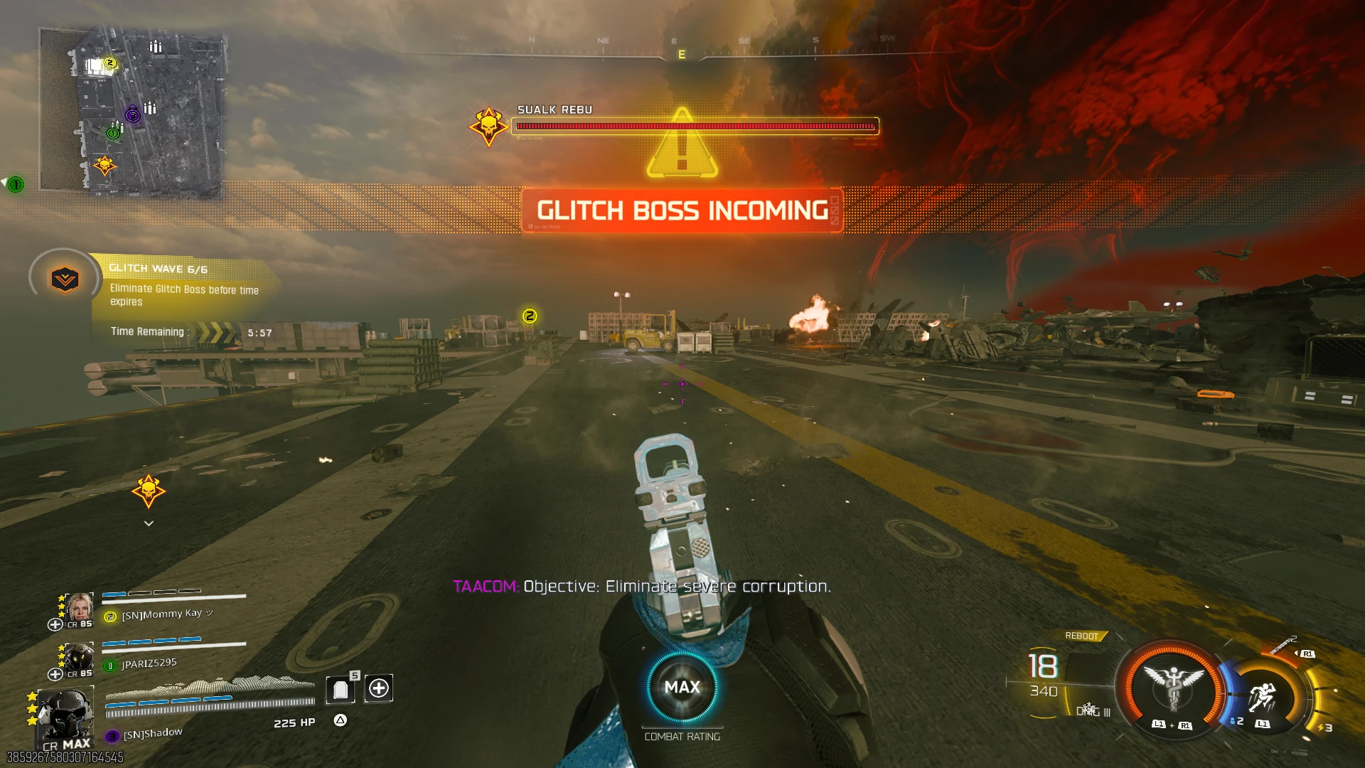 Suala Rebu Glitch Boss incoming with health bar on the airfield