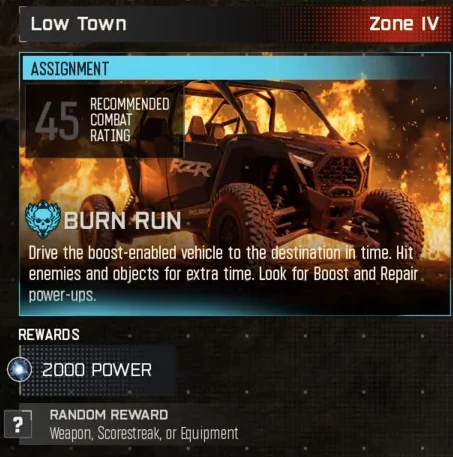 Burn Run assignment card on the Tac Map at Low Town, rewarding Power and a random reward