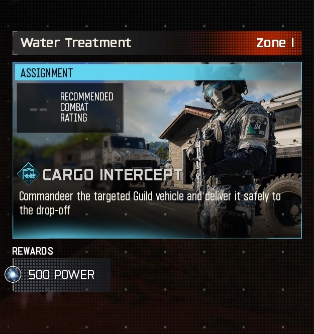 Cargo Intercept assignment card on the Tac Map at Water Treatment