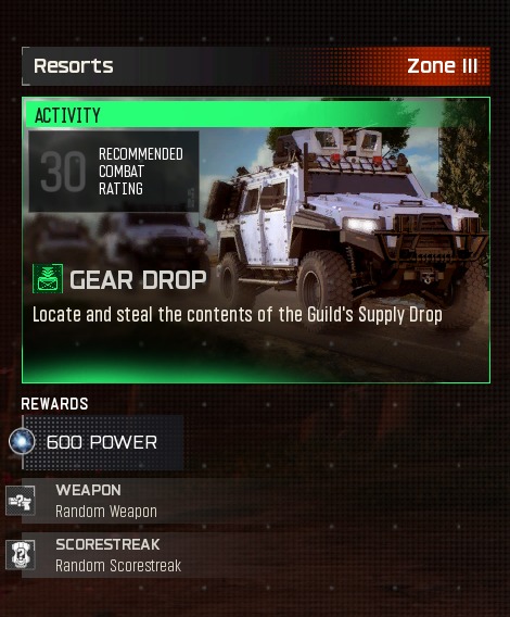 Gear Drop activity card on the Tac Map at Resorts