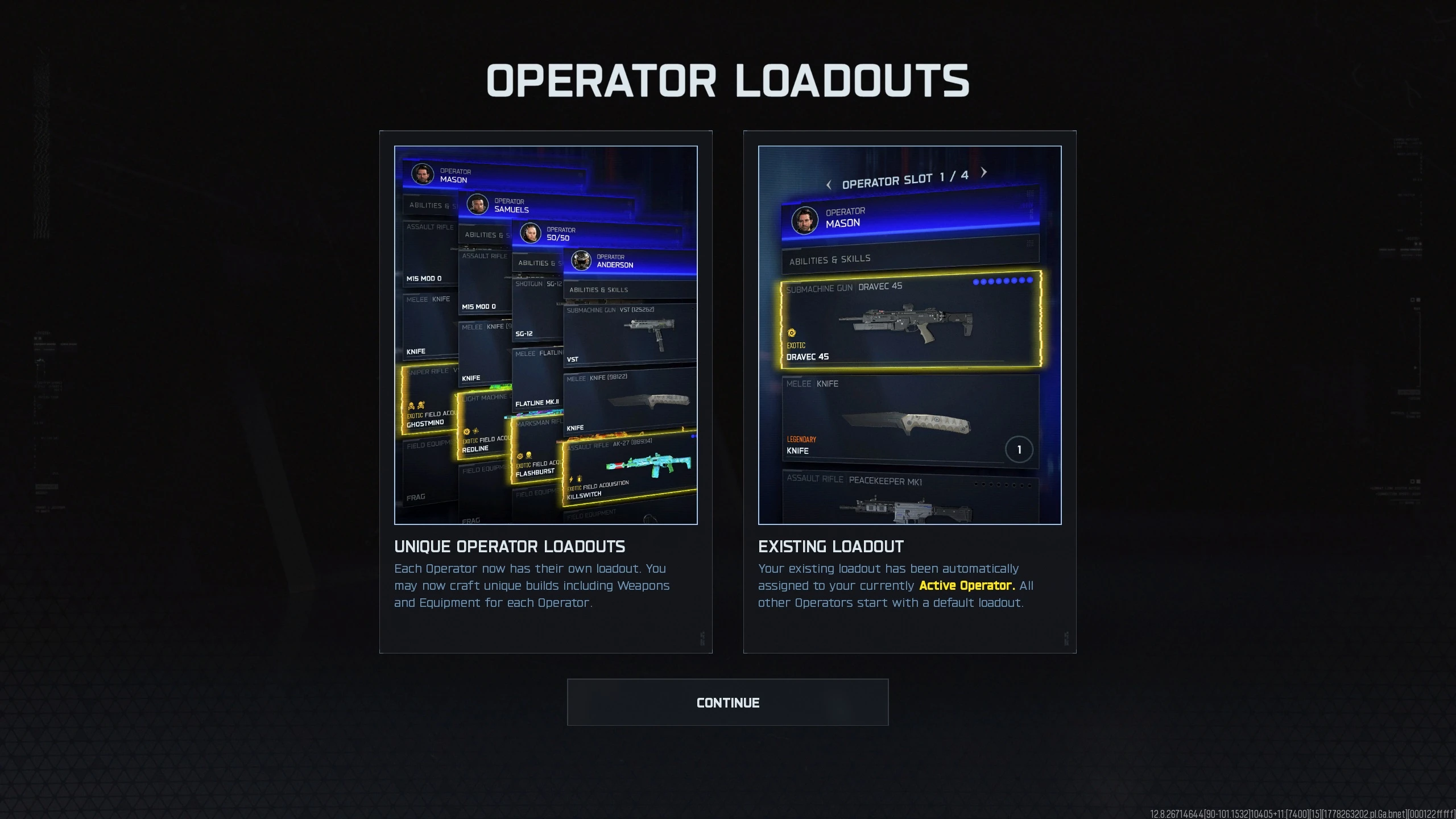 Operator loadout selection intro screen showing available operators