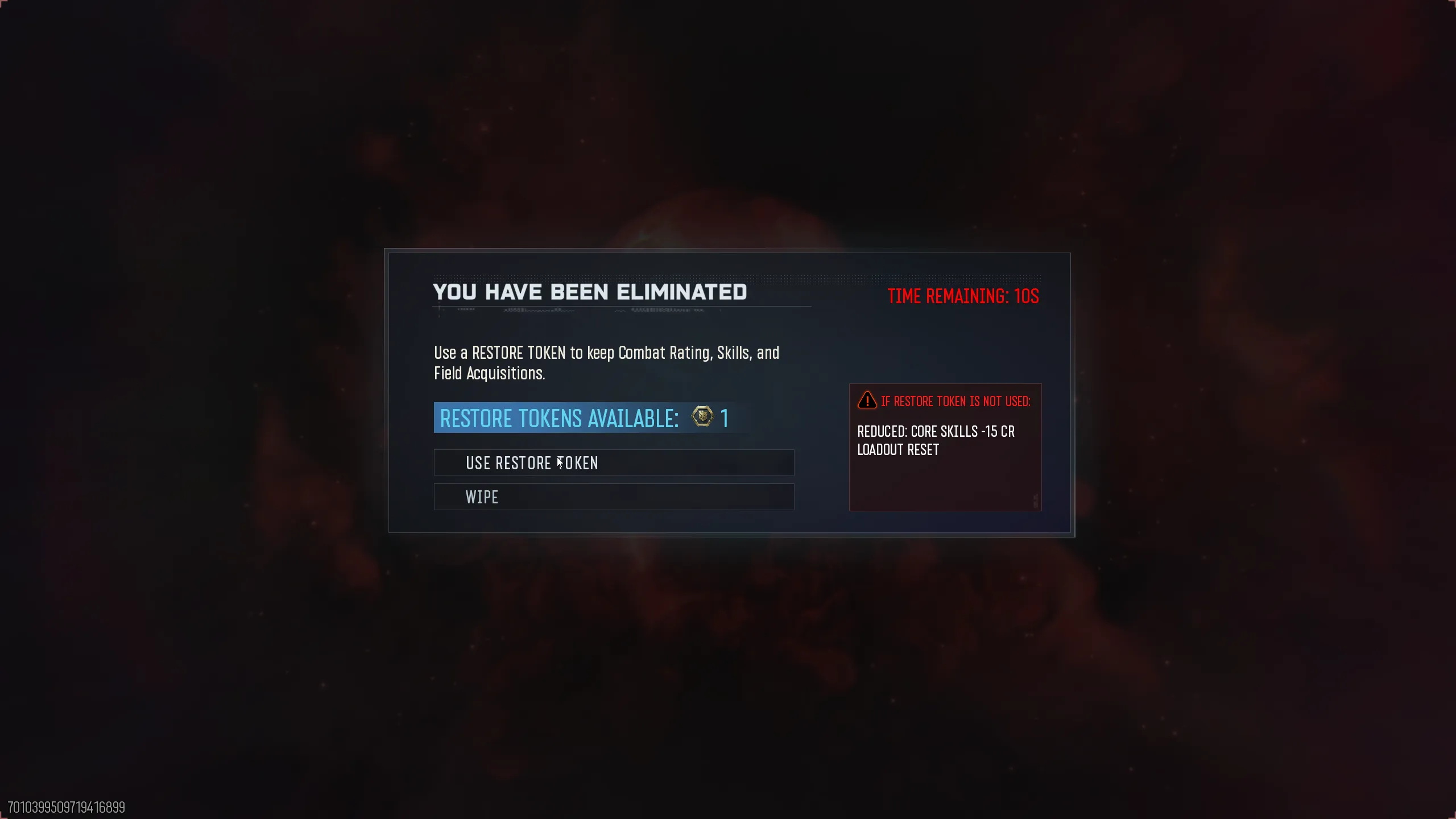 You Have Been Eliminated screen with Restore Token option